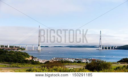 Longest cable-stayed bridge in the world in the Russian Vladivostok over the Eastern Bosphorus strait to the Russky Island.
