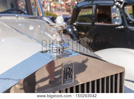 Laguna Beach, CA, USA - October 2, 2016: White 1949 Rolls Royce Silver Dawn Sedan owned by Rod Hatter and displayed at the Rotary Club of Laguna Beach 2016 Classic Car Show. Editorial use.