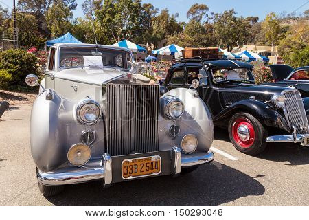 Laguna Beach, CA, USA - October 2, 2016: White 1949 Rolls Royce Silver Dawn Sedan owned by Rod Hatter and displayed at the Rotary Club of Laguna Beach 2016 Classic Car Show. Editorial use.