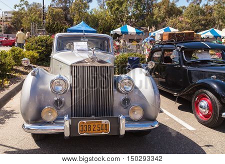 Laguna Beach, CA, USA - October 2, 2016: White 1949 Rolls Royce Silver Dawn Sedan owned by Rod Hatter and displayed at the Rotary Club of Laguna Beach 2016 Classic Car Show. Editorial use.