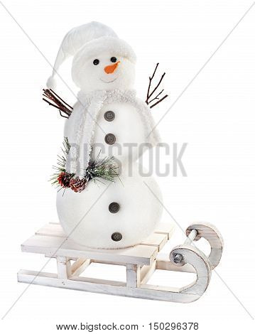 Snowman on sled isolated on white background.