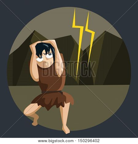 nature horrors, ancient man afraid of lightning - funny cartoon vector illustration