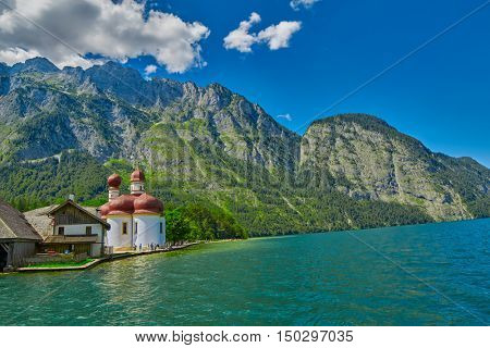 St.Bartolomei Monastery Church on Konigsee lake of German Bavaria