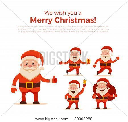 Cartoon Santa Claus Set for Your Christmas and New Year greeting Design or Animation. Vector isolated  illustration of Santa Claus different poses and different emotions in colorful flat style