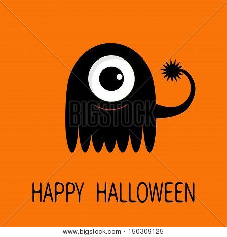 Happy Halloween greeting card. Black silhouette monster with big eye and tail. Funny Cute cartoon character. Baby collection. Flat design. Orange background. Vector illustration