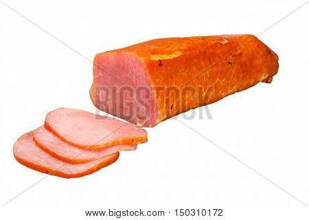 Smoked Beef Neck Piece And Slices On White Background. In Isolation.