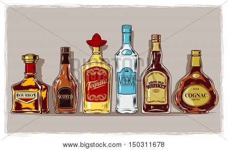 Vector set of bottles with alcohol and stemware, engraving