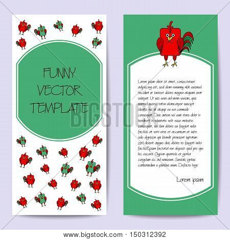 Stock vector cards template for children's birthday party. Flat bird design. Rounded rectangle green and red rooster cock. Symbol of year 2017. Template for poster banner greeting card invitation.