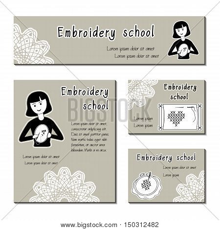 Black-white vector cards template for embroidery school handmade shop. Flat icon embroidering girl. Set of template for business card information banner poster magazine presentation logo.