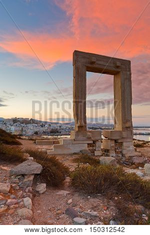 View of Portara and remains of temple of Apollo at sunrise.