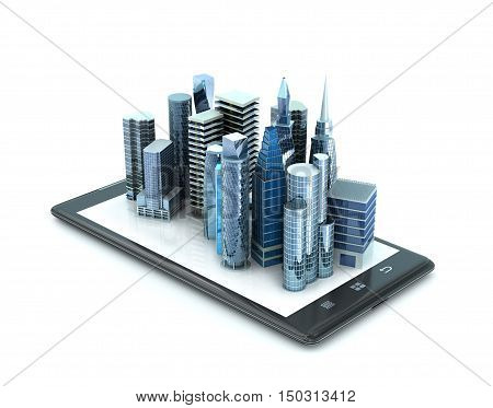 city buildings on smartphone. 3d illustration .