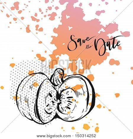 Hand drawn vector graphic ink autumn harvest save the date card template with pumpkin isolalated on white background.Design for halloweenthanksgivinggreetingholidayswedding.