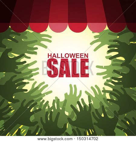 Halloween sale with group of zombies' hands attacking shop window