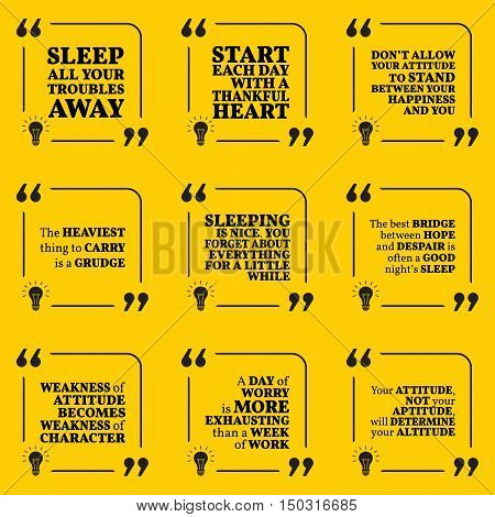 Set Of Motivational Quotes About Sleeping, Heart, Attitude, Grudge, Hope, Worry And Happiness. Simpl