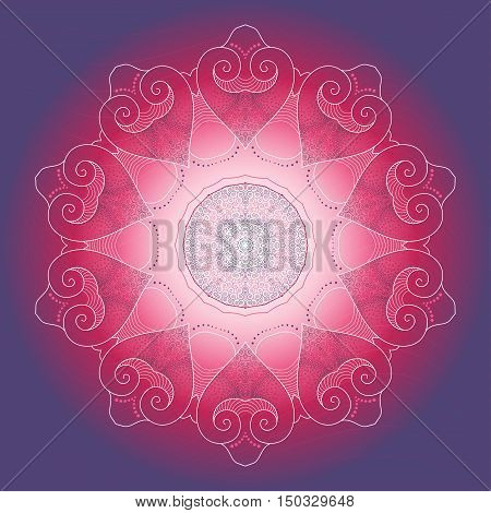 Round lace abstract pattern. Filigree spiral design in pink and purple colors with a gradient.