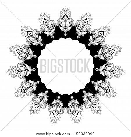 Round lace pattern with paisley floral elements. Illustration in black white and gray colors.
