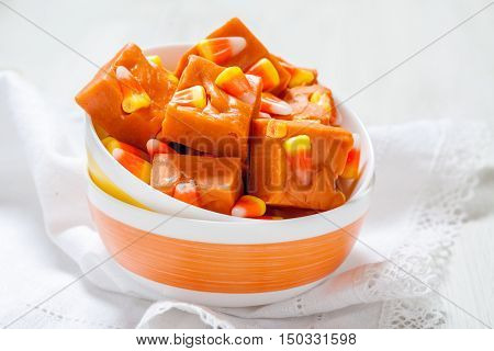 Delicious butterfinger fudge with candy corn and peanut butter