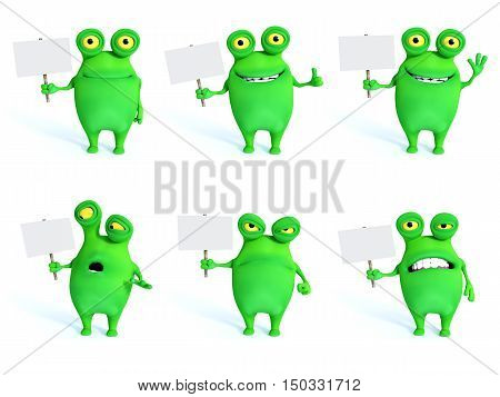 Collection of charming green monsters in different moods and poses holding blank signs 3D rendering. White background.