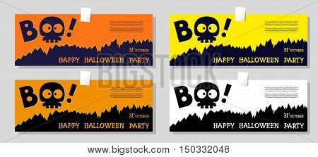 Set Of Funny Holiday Banner: Title Boo From Slull Sleleton And Happy Halloween From Bones Letters. V