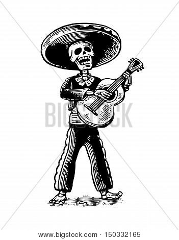 Day of the Dead Dia de los Muertos. The skeleton in the Mexican man national costumes sing and play the guitar. Vector hand drawn vintage engraving for poster label. Isolated on white background