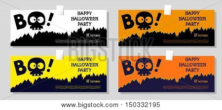 Set Of Funny Holiday Banner: Title Boo From Slull Sleleton And Happy Halloween From Bones Letters. V
