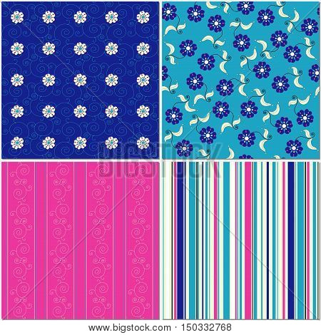 Set of four abstract seamless backgrounds with curls stripes and flowers. Bright colors