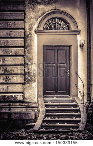 Interesting church architecture with backdoor sepia artwork
