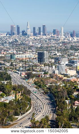 Los Angeles, USA - 6 July: View over LA skyline and the Hollywood Freeway