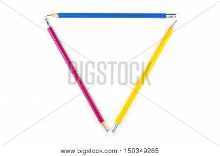 Triangle of major color red blue yellow pencil on white background.