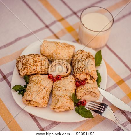 Tasty pancakes with home made cheese on white plate closeup. Crepes stuffed with cheese, and glass of milk on checked table cloth.