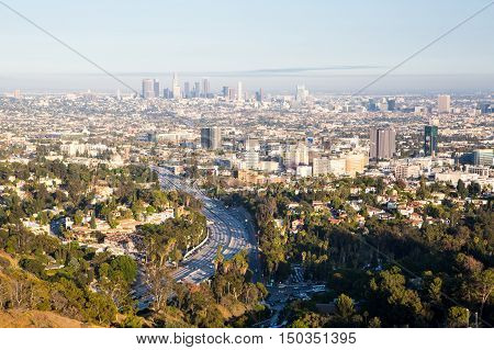 Los Angeles, USA - 6 July: View over LA skyline and the Hollywood Fwy