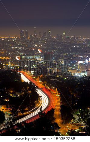 Los Angeles, USA - 6 July: View over LA skyline and the Hollywood Fwy at night