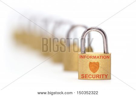 Perspective row of golden padlock the first one is labeled information security first and has a shield icon