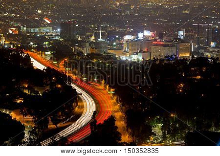 Los Angeles, USA - 6 July: View over LA skyline and the Hollywood Fwy at night