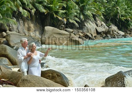 Happy elderly couple rest at tropical beac
