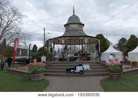2016 September 17 Bowral NSW: Band playing during the festivities in the Corbett Gardens. Part of the Tulip Time festival a series of spring celebration events in the region