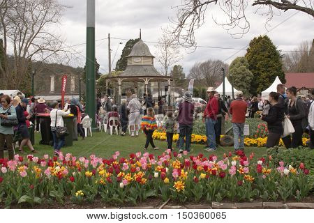 2016 September 17 Bowral NSW: People enjoying the festivities in the Corbett Gardens during the Tulip Time festival a series of spring celebration events in the region