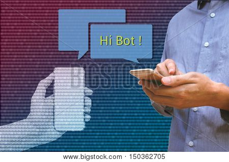 Chat bot and future marketing concept Man holding smart phone chatting with robot hands communicate with automatic message and binary coded abstract background