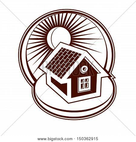 Real Estate Concept. Illustration Of House On Sunset Background, Vector Design Element. Simple House
