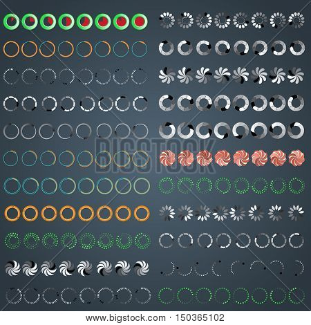 24 preloading icons animation frames on dark background. RGB EPS 10 vector elements set