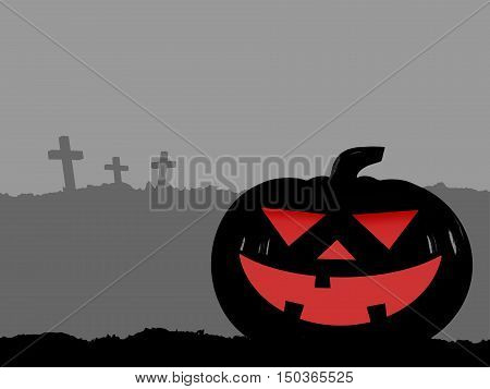 silhouette of big head jack o lantern pumpkin funny face smiling scary on hill and three cross on gray mountain background, flat graphic illustration for halloween party poster, copy space for text
