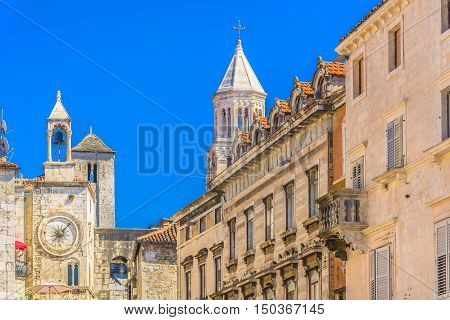 View at ancient architecture in town Split, one of main touristic and historic places in Croatia, Europe.