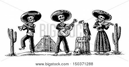 Day of the Dead Dia de los Muertos. The skeleton in the Mexican national costumes dance sing and play the guitar violin trumpet. Griffin on barrel with skull cactus.Vector vintage engraving