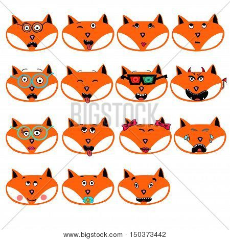set of fun emotions foxes mileys isolated on white background. EPS