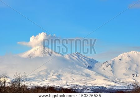 Volcanic landscape of Kamchatka: winter view of Volcano.