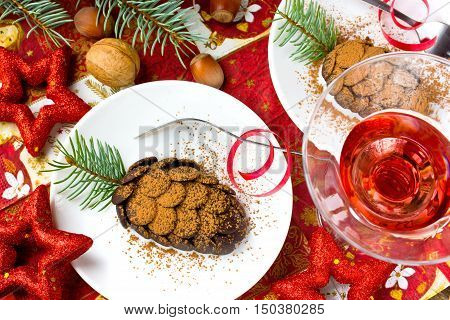 Chocolate pinecone cake. Christmas festive dessert creative idea for kids meal