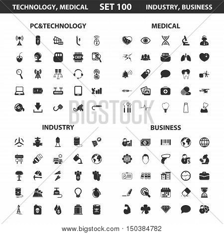 Pc, technology set 100 black simple icons. Medical, industry, business icon design for web and mobile device.