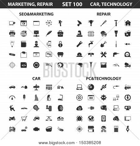 Seo, marketing set 100 black simple icons.Pc, technology, car, repair icon design for web and mobile device.