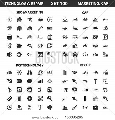 Seo, marketing set 100 black simple icons.Pc, technology, car, repair icon design for web and mobile device.