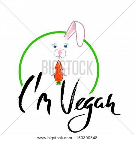 Rabbit with ribbon and carrot. I am vegan lettering. Vector illustration